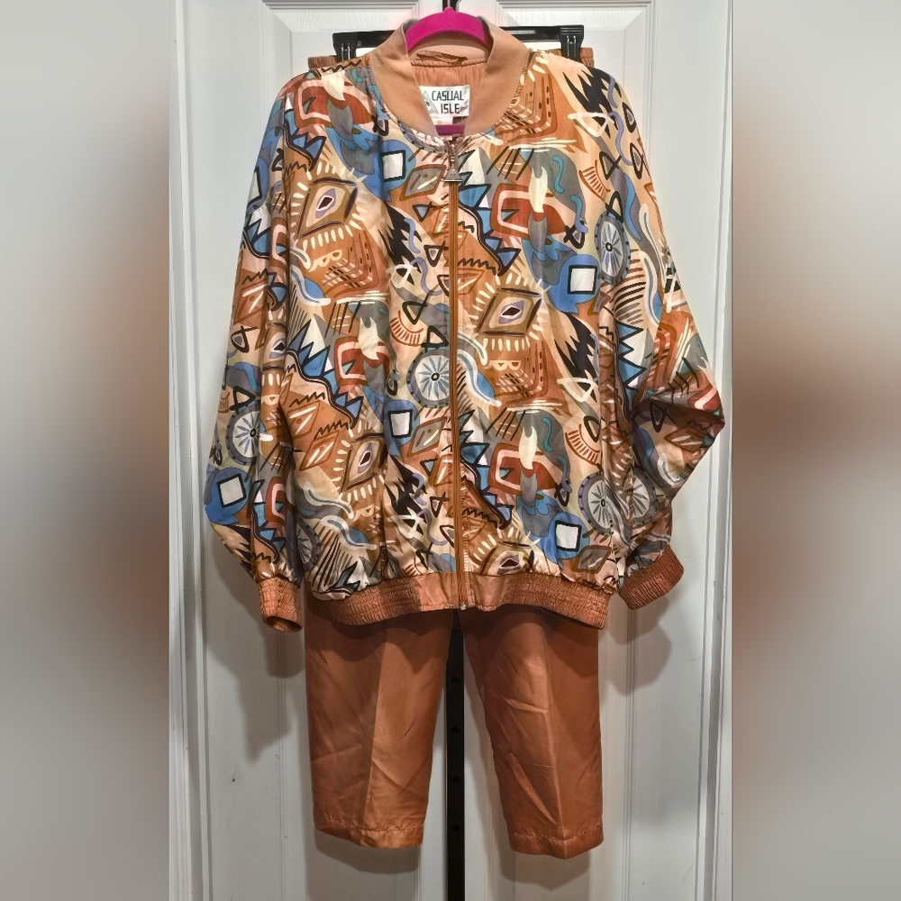 Vintage 80s 90s Casual Isle Multicolor Geometric Silk Windbreaker Tracksuit